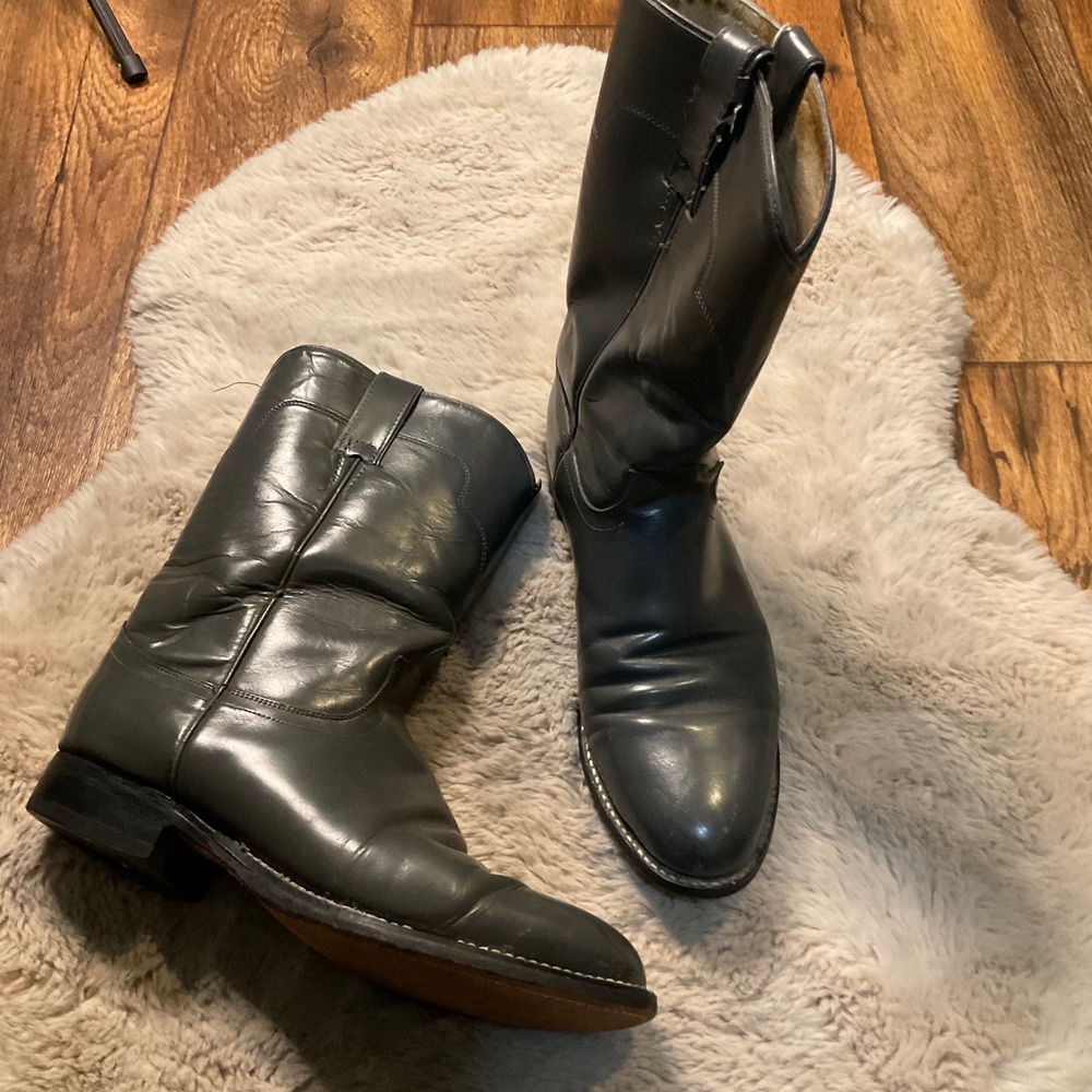 Tony Lama Roper Boots Size 8.5 Gray Round Toe Pull On‎ Leather Cowboy Boot Mens